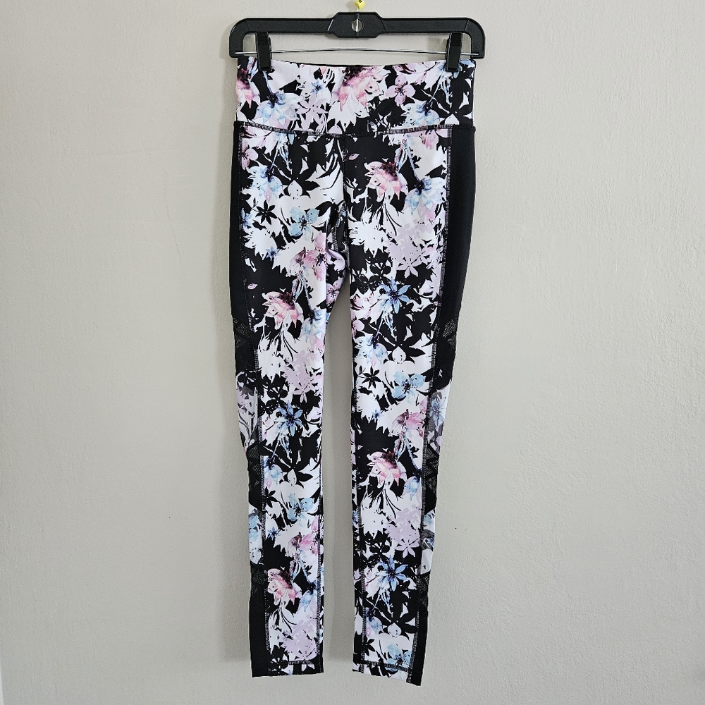 Ideology Floral Leggings Black Pink Blue Purple Pocket Sheer Lace Detail Small